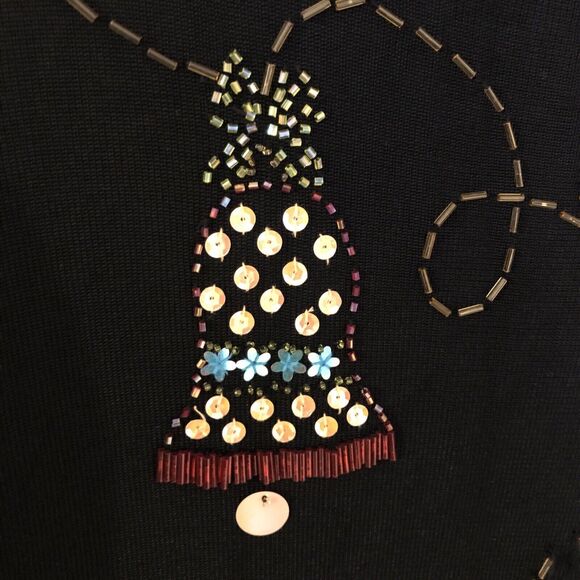 Black Slinky Knit Beaded Shirt Christmas Balls Ornaments Long Sleeve Size Medium - Picture 11 of 16